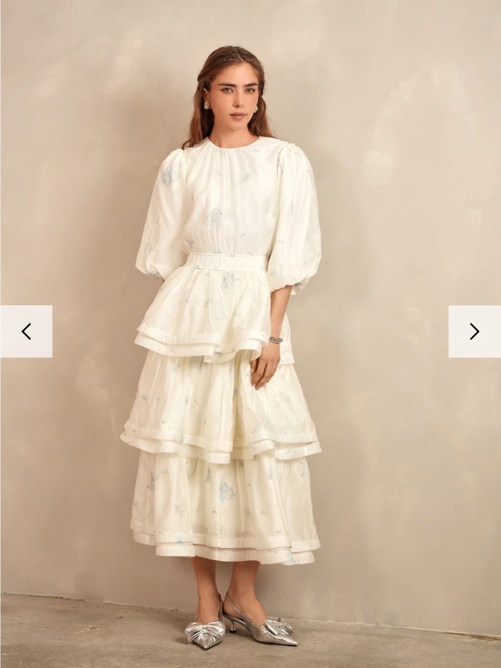 White Tiered Puff-Sleeve Midi Dress UDEL NY SIZE L